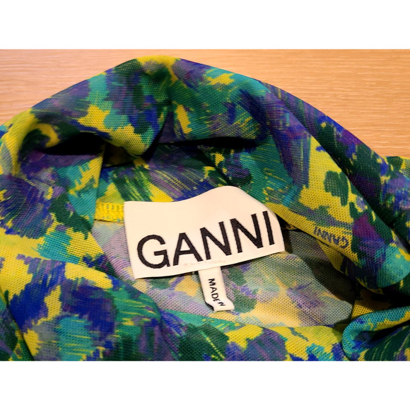 Ganni Painterly Print Turtleneck Top Mesh Blouse Womens XL Artsy Bold Retro - Picture 6 of 8